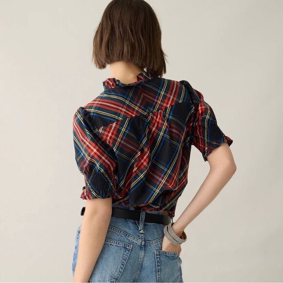 J. Crew Smocked Puff Sleeve Cotton Poplin Top in Stewart Plaid Holiday - 2X - Picture 2 of 13